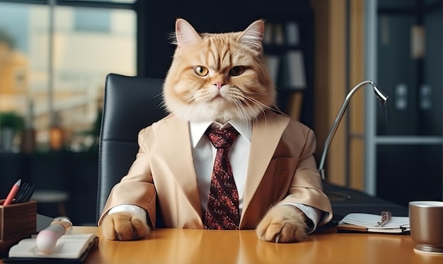 Un felino elegante con un abito elegante seduto alla scrivania di un ufficio Un gatto d'affari concentrato su un laptop in un ambiente d'ufficio sofisticato Creato con strumenti di intelligenza artificiale generativa