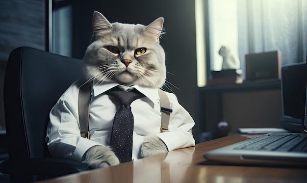 Un felino elegante con un abito elegante seduto alla scrivania di un ufficio Un gatto d'affari concentrato su un laptop in un ambiente d'ufficio sofisticato Creato con strumenti di intelligenza artificiale generativa