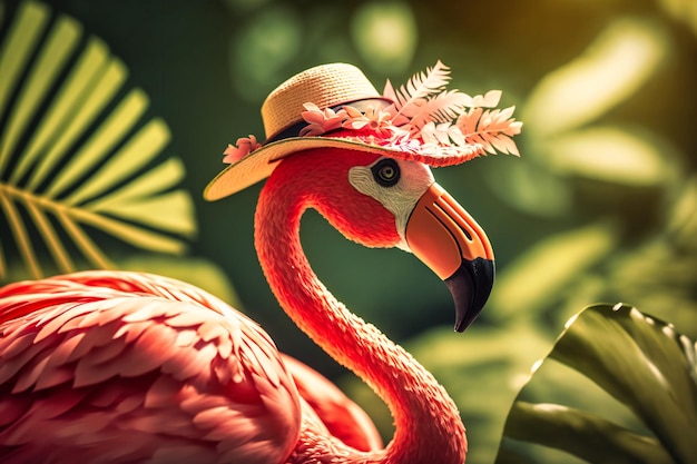 Un fenicottero rosa sdraiato sotto una foglia di palma con occhiali da sole e un cappello su uno sfondo estivo