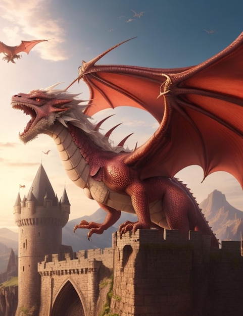 Un feroce drago Targaryen appoggiato in cima a una torre medievale in rovina