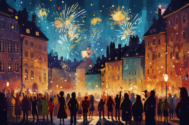 Un festivo in una piazza cittadina con fuochi d'artificio arte digitale illustrazione generativa AI