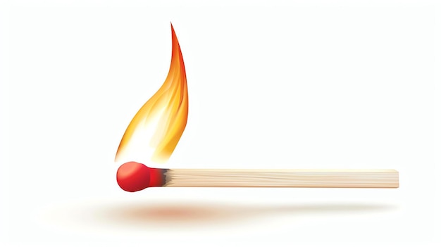Un fiammifero acceso con una testa rossa e un bastone di legno il fiamme brucia con una fiamma gialla brillante il fiammiferro è isolato su uno sfondo bianco