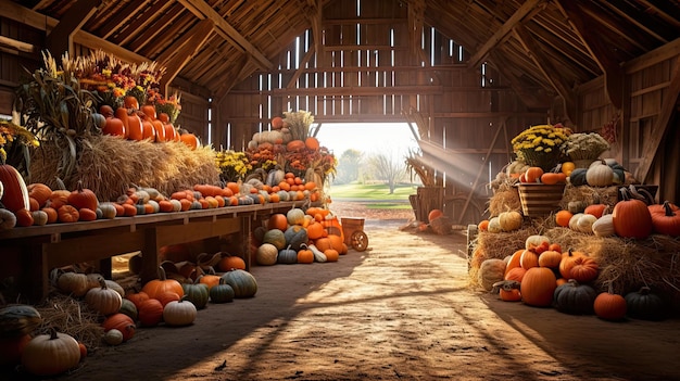 Un fienile pieno di zucche per una festa d'autunno