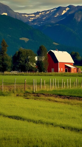un fienile rosso è sullo sfondo di un campo con un recinto e un campo verde.