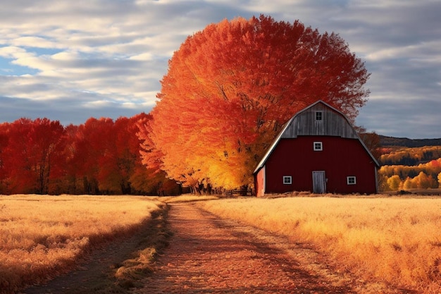 un fienile rosso si trova in un campo di erba e alberi gialli.