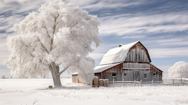 Un fienile rustico coperto di neve