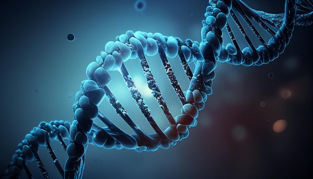 Un filamento di DNA blu con uno sfondo blu