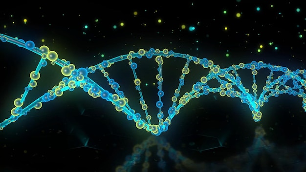 Un filamento di DNA è mostrato in uno spazio scuro con uno sfondo blu e un punto verde che dice "dna".