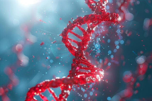 Un filamento di DNA rosso con luce blu