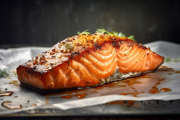 Un filetto di salmone con uno sfondo nero