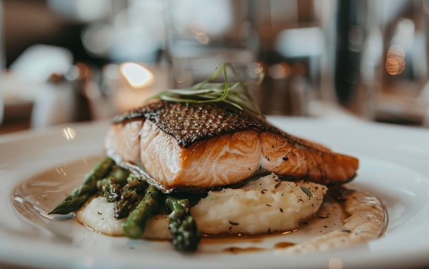 Un filetto di salmone croccante è elegantemente servito su un cremoso purè di patate con teneri asparagi che aggiungono un fresco contrasto