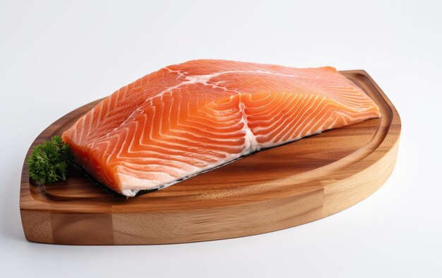 Un filetto di salmone crudo da vicino su uno sfondo bianco generato da cibo giapponese a base di frutti di mare