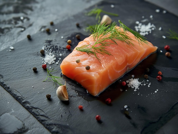 un filetto di salmone crudo su uno sfondo di ardesia scura guarnito con pepe salato e aneto fresco