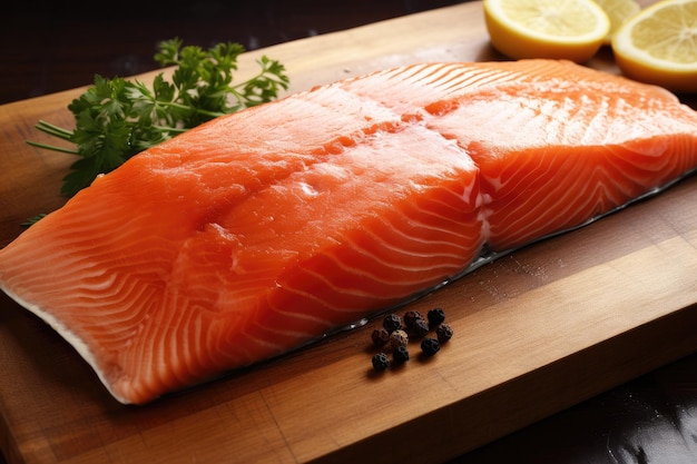 Un filetto di salmone si trova su un tagliere con limone e spezie.