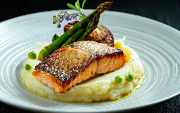 Un filetto di salmone splendidamente cotto poggia su un cumulo vellutato di purè di patate accentuato da lance di asparagi e una salsa delicata