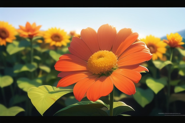 Un fiore arancione brillante con una foglia verde al centro.