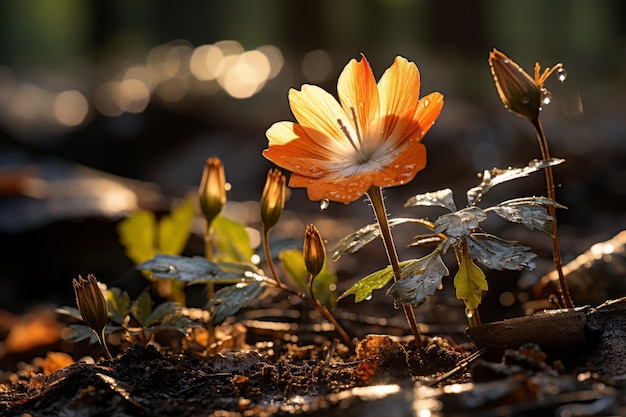 un fiore arancione nel bosco con gocce d'acqua sopra