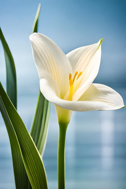 Un fiore bianco con foglie verdi e uno sfondo blu.