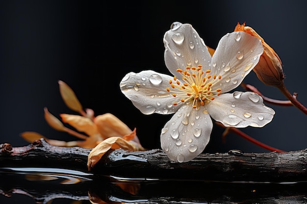 Un fiore bianco con gocce d'acqua su di esso