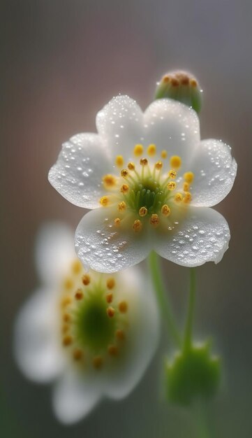 Un fiore bianco con gocce d'acqua su di esso