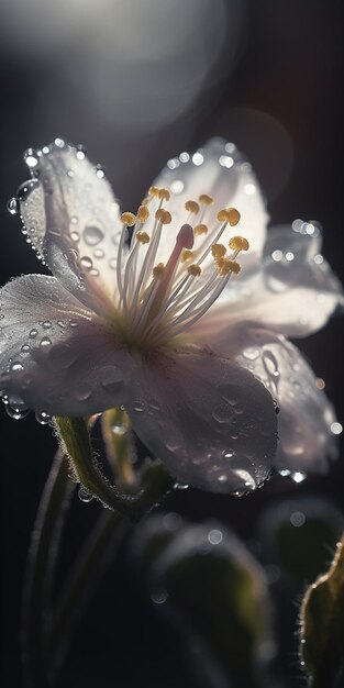 Un fiore bianco con gocce d'acqua su di esso.