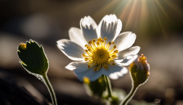 Un fiore bianco con il sole che splende attraverso le foglie