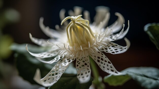 Un fiore bianco con un centro giallo e una foglia verde.