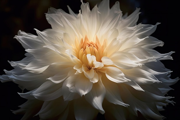 Un fiore bianco con un centro giallo viene fotografato la sera.