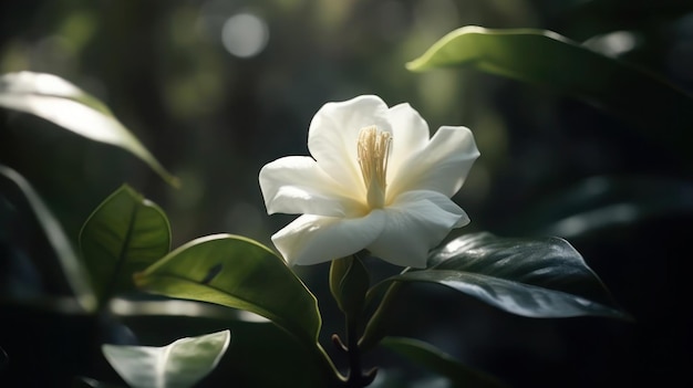 Un fiore bianco con una foglia verde sullo sfondo