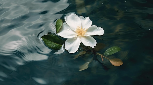 un fiore bianco è in acqua con una foglia verde