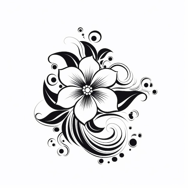 Un fiore bianco e nero con turbinii e puntini su uno sfondo bianco ai generativo