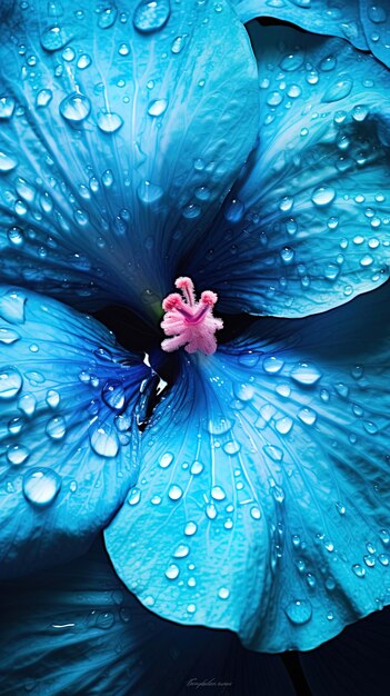 un fiore blu con gocce d'acqua su di esso