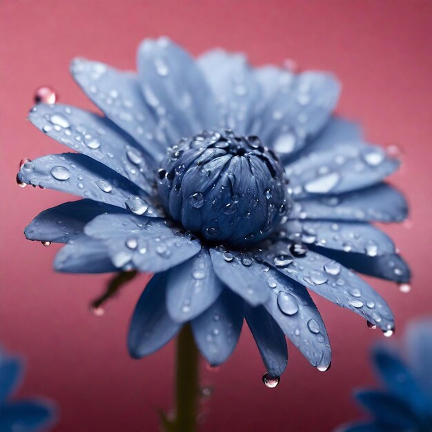 un fiore blu con gocce d'acqua su di esso