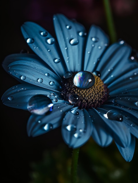 Un fiore blu con gocce d'acqua su di esso