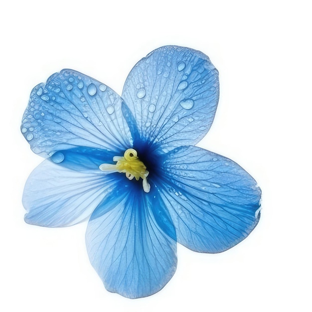Un fiore blu con gocce d'acqua su di esso