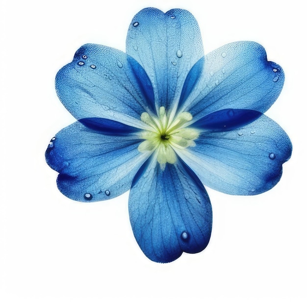 Un fiore blu con gocce d'acqua su di esso