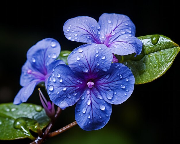 Un fiore blu con gocce d'acqua su di esso