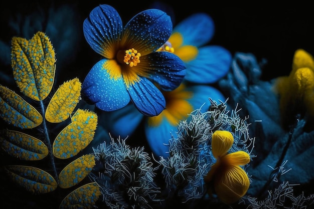 Un fiore blu con petali gialli e blu