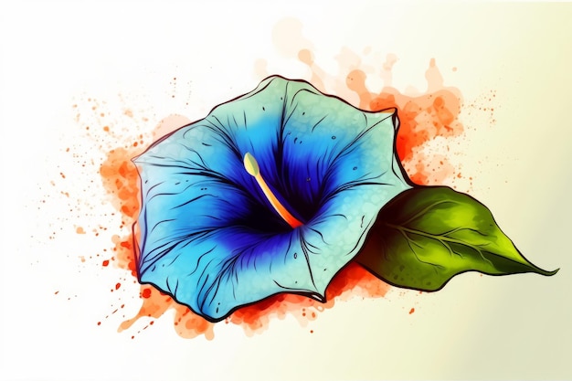 Un fiore blu con sopra una foglia verde.