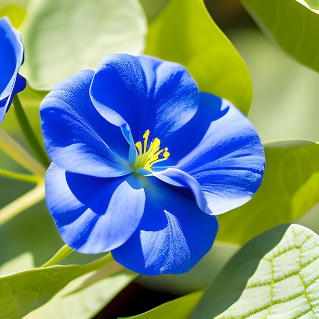 Un fiore blu con un centro giallo è circondato da foglie verdi.