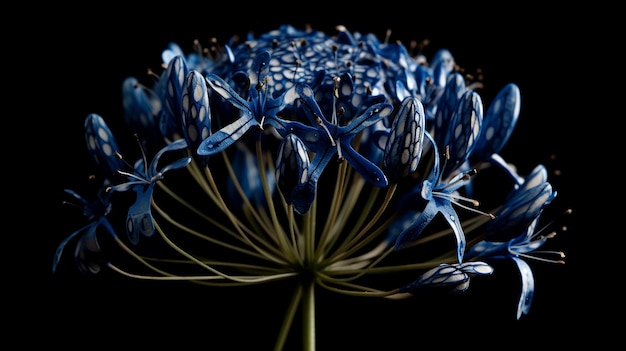Un fiore blu con uno sfondo nero