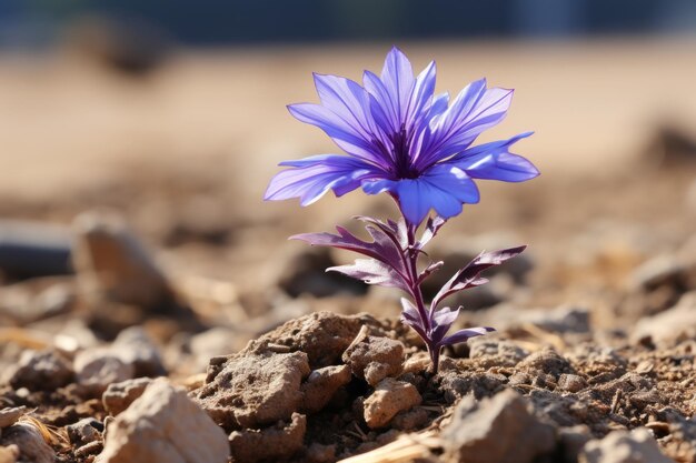 un fiore blu cresce dal terreno