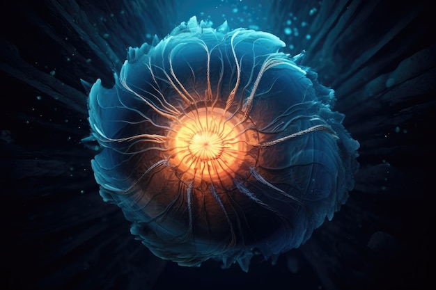 un fiore blu e arancione con un centro luminoso