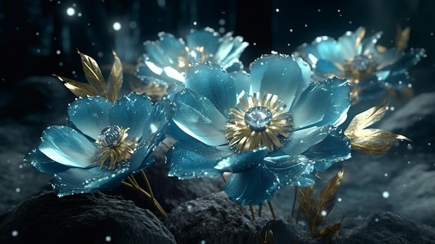 Un fiore blu è coperto di goccioline d'acqua.
