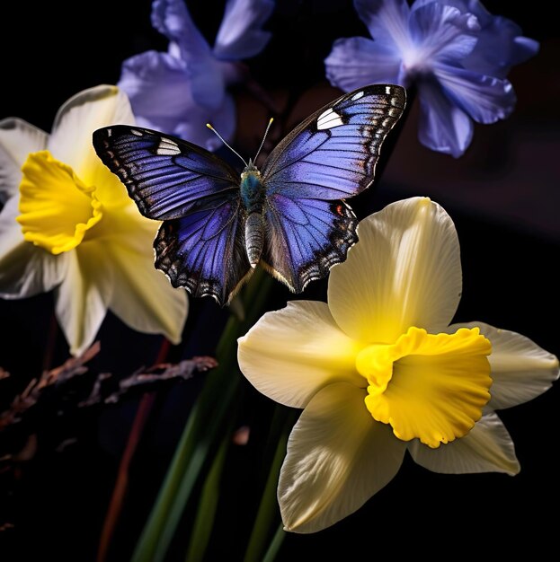 Un fiore blu e giallo con sopra una farfalla