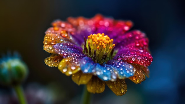 Un fiore colorato con gocce d'acqua su di esso
