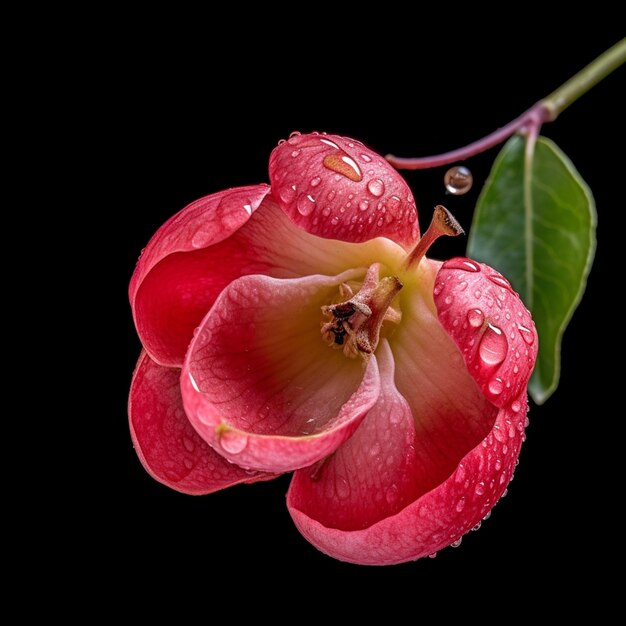 Un fiore con gocce d'acqua su di esso è su uno sfondo nero