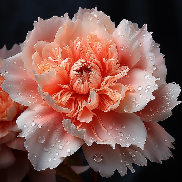 un fiore con gocce d'acqua su di esso e una goccia d'acqua sopra di esso.