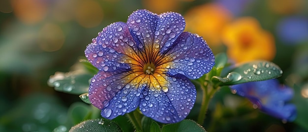 un fiore con gocce d'acqua su di esso in un giardino