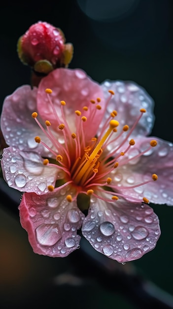 Un fiore con gocce d'acqua su di esso